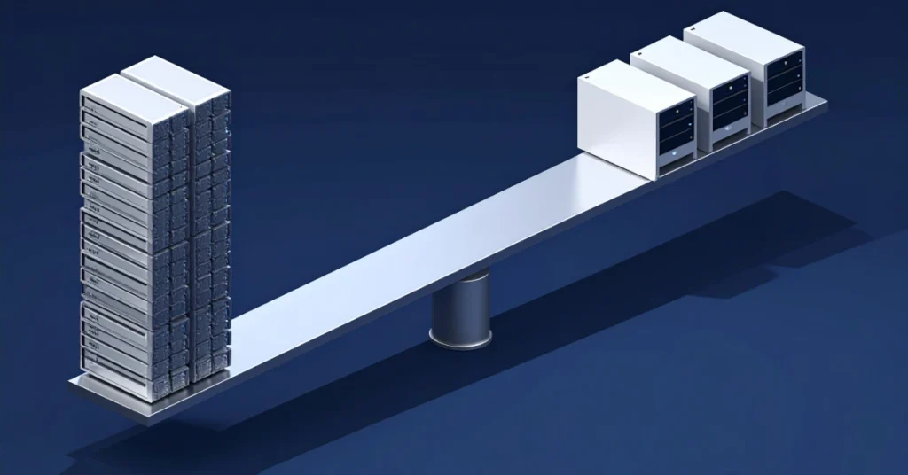 Abstract 3D render of a steel balance beam tilting left under the weight of a tall dense stack of server modules, while four larger stable blocks sit on the lighter right side — illustrating the cost crossover between on-demand cloud GPU and reserved bare metal infrastructure.