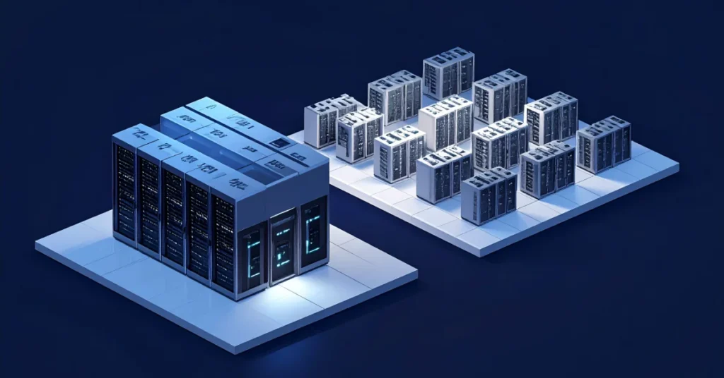 Data center energy constraints illustrated as a 3D render — one large constrained facility partially dimmed beside 12 fully powered distributed infrastructure nodes