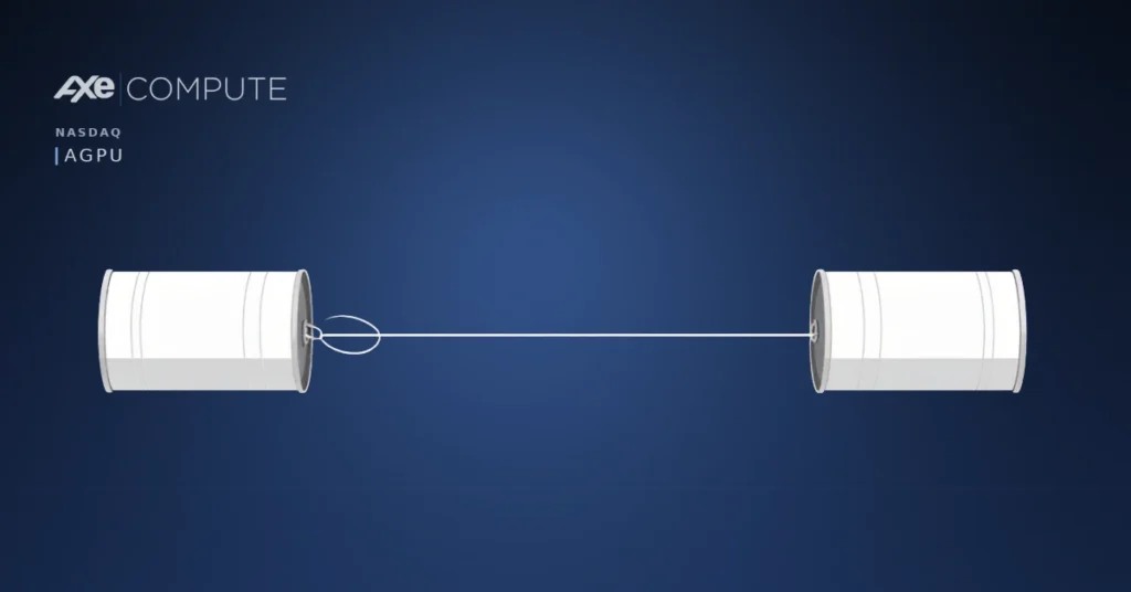 Two white tin cans connected by a single taut string spanning a wide dark navy background — illustrating that AI inference latency is determined by physical distance, not compute speed.