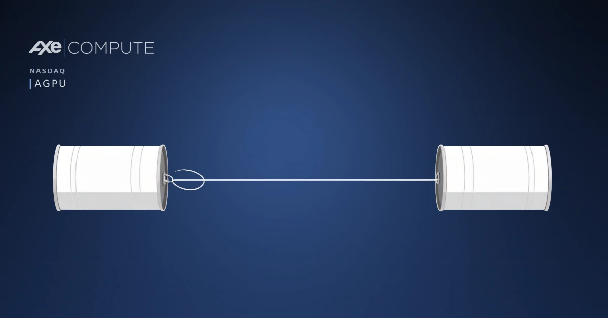 Two white tin cans connected by a single taut string spanning a wide dark navy background — illustrating that AI inference latency is determined by physical distance, not compute speed.