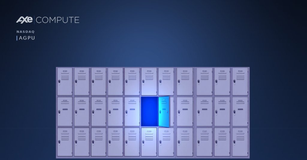 Locker bank. A wall of identical lockers, one open with a glowing blue interior, the rest shut. Every locker is reserved and occupies space even when unused, which is the memory-footprint point exactly.