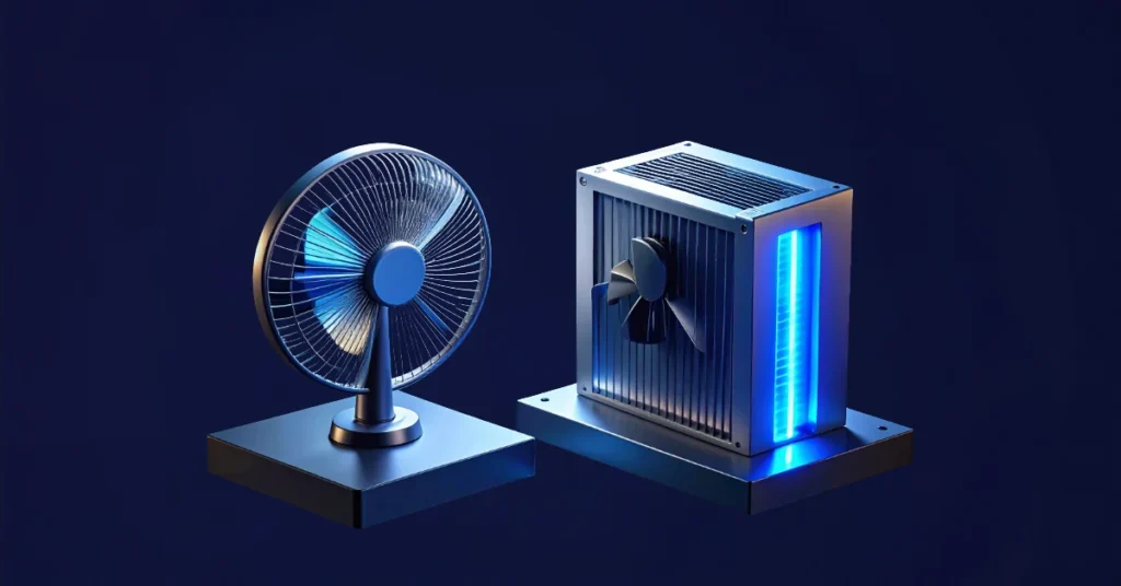 On the left, a small plastic desk fan, blades caught mid-spin in a faint motion blur, a thin haze of heat-shimmer distortion rising just above it rendered in a single soft amber tone, nothing else warm in the frame; the fan reads as strained and clearly outmatched. On the right, in identical framing and scale, a polished steel radiator coolant block with a ribbed heat-exchange surface, a narrow channel of coolant glowing soft blue running visibly through it, calm and steady.