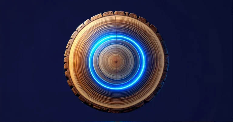 A single sawn cross-section of a tree trunk resting flat on a polished steel surface, growth rings visible from directly overhead: the innermost rings spaced wide apart, each ring toward the bark compressing closer together until the outermost band is barely visible, the outermost ring catching a soft blue-white glow from within the wood grain. The rings represent the ages of AI: each ring is a distinct era of compute growth, symbolic, statistical, deep learning, scale, reasoning, and they compress toward the edge because every era doubled its training compute faster than the one before it.