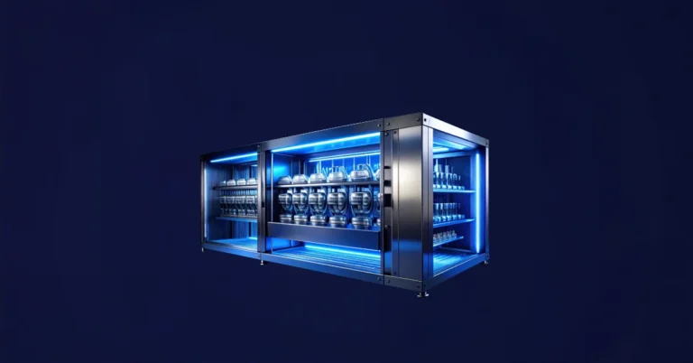 studio-shot polished steel vending machine coil mechanism isolated in frame, one coil rotated forward releasing a single metallic object while adjacent coils hold identical objects locked in place behind a clear divider, deep navy near-black background #0d1117 to #1a202c, cool overhead studio lighting with hard shadows, brand blue #3b61ad glow tracing the active coil, slate #64748b structural framework, white #f1f5f9 highlights on the released object, minimum 15% negative space on all sides, clean uncluttered geometry, no neon or purple tones, wide 1.91:1 aspect ratio, no text, no people