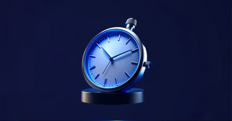 a studio-shot mechanical stopwatch in polished white and brushed steel, its dial glowing with brand blue #3b61ad light and hands frozen precisely at the 300 millisecond mark, resting alone on a matte dark pedestal, deep navy near-black background #0d1117 to #1a202c, subtle slate #64748b reflections on the surface, cool overhead studio lighting casting hard directional shadows, clean minimal geometry, at least 15 percent negative space on all sides, no clutter, corporate infrastructure aesthetic with one memorable human-recognizable object, wide 1.91:1 aspect ratio, no text, no people