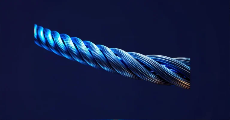 A braided steel cable made of many thin wires converging into one thick main line